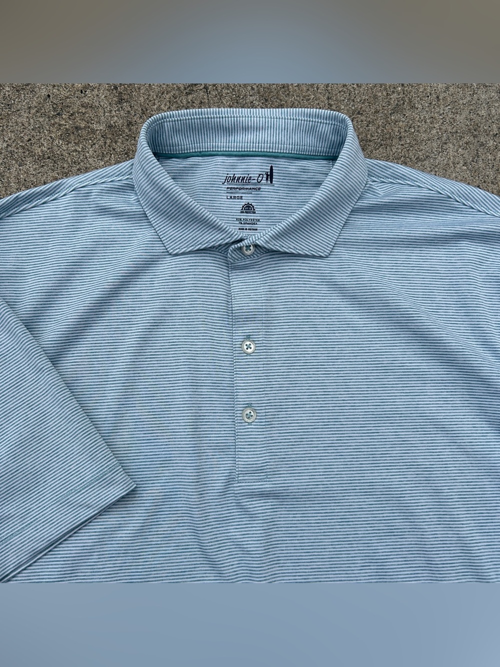 johnnie-O Polo Golf Shirt Mens L Blue White Striped Performance Spandex UPF 50